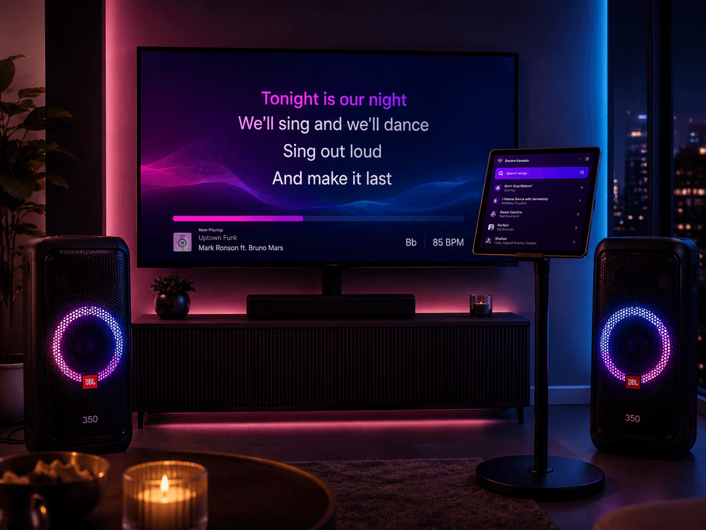 A karaoke party setup with microphones, speaker, and screen ready to go